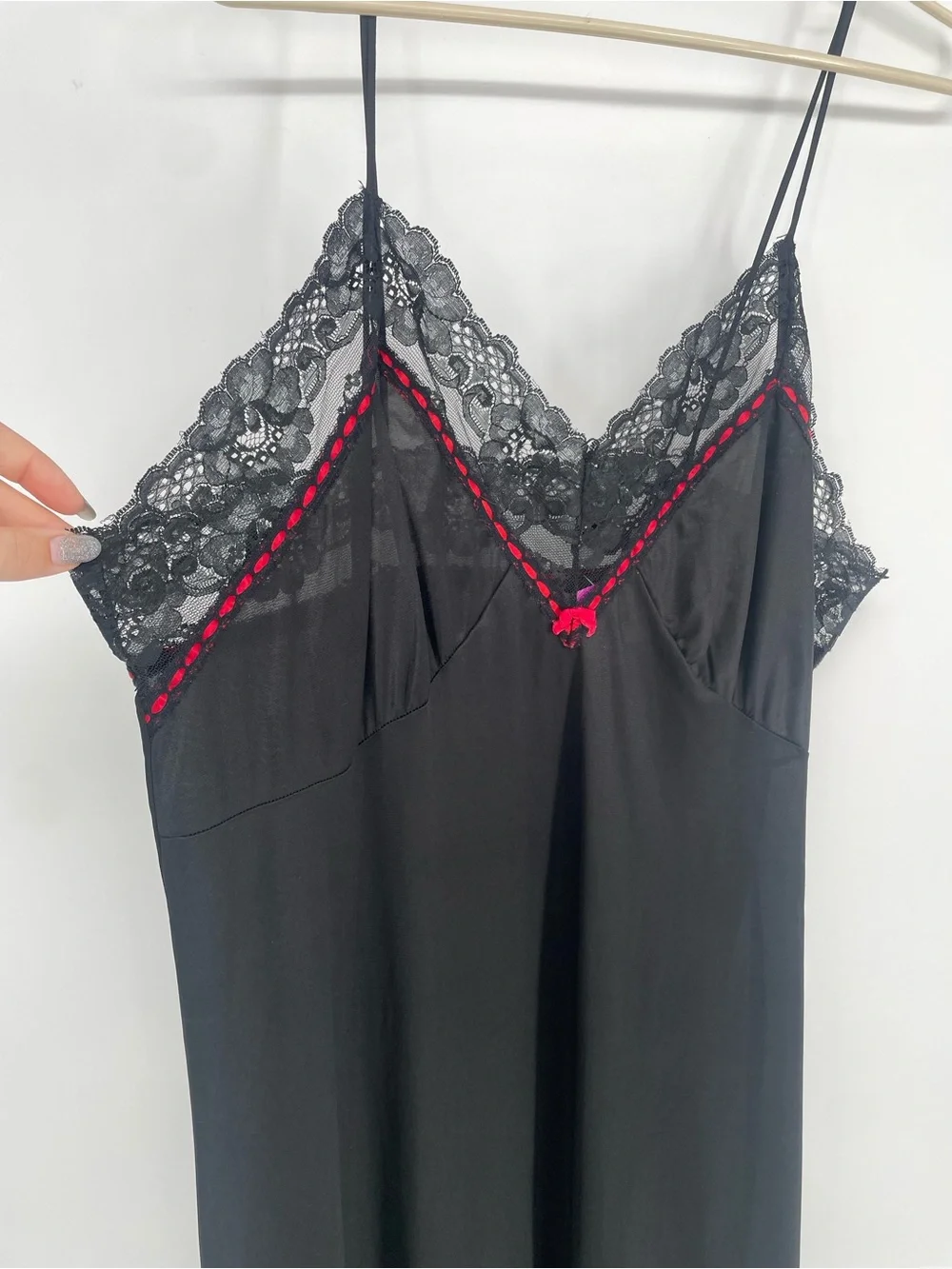 Vintage Black & Red Long Nylon Slip Nightgown Lace & Satin Ribbon Accents - Picture 8 of 13